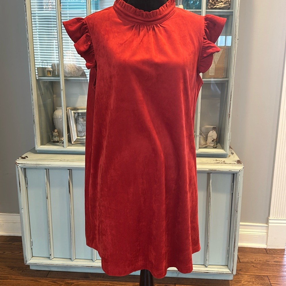 Red Velvet Ruffle-Sleeve Shift Dress